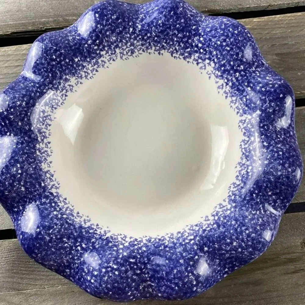 Young's 1996 Blue White Spongeware Stoneware Bowl With Wavy Edge 9.75